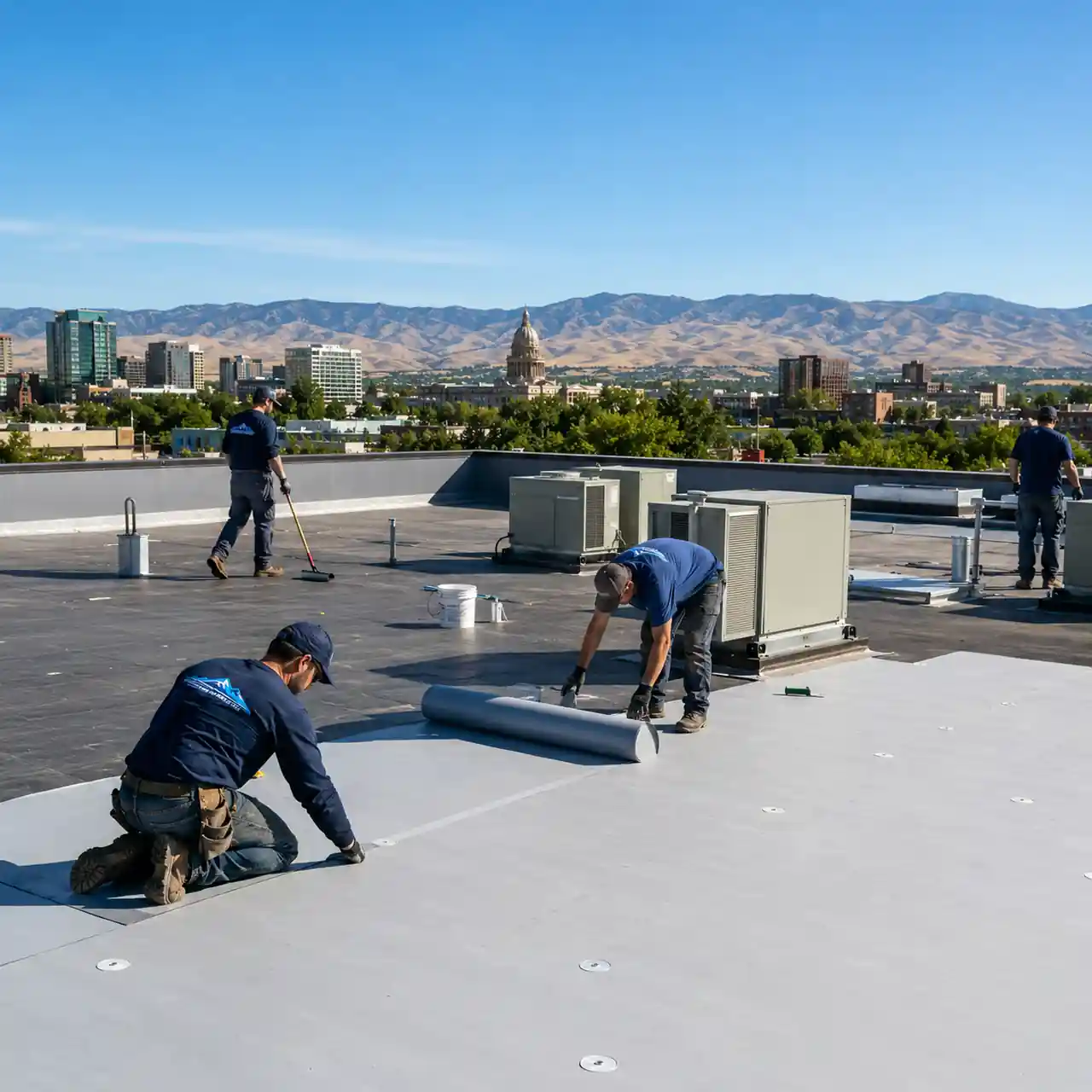 Boise commercial roofing job crew installing TPO membrane with the city skyline in the background