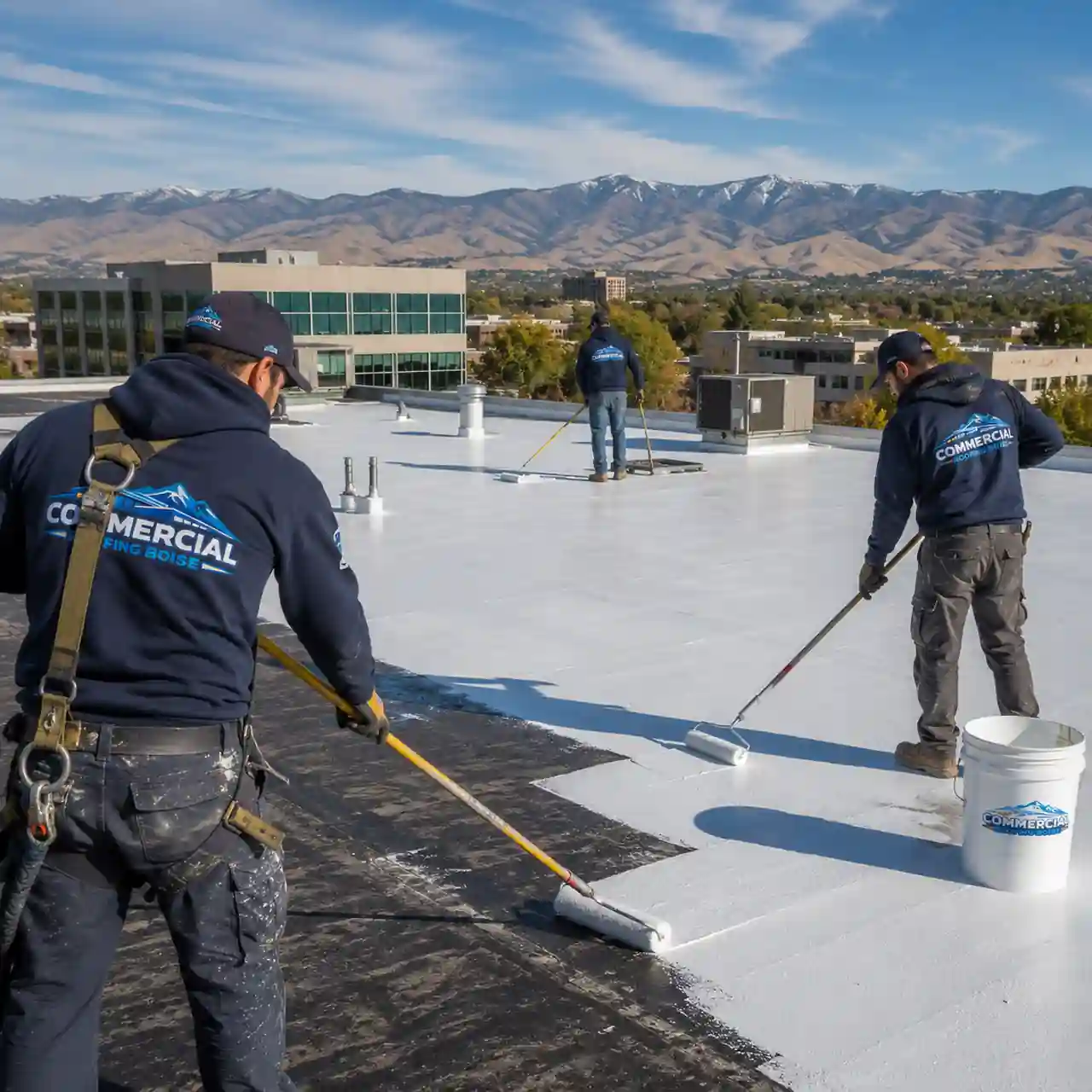 Commercial roof coating Boise crew applying white reflective roof coating