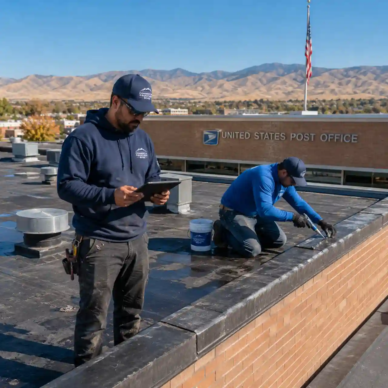 Commercial roof repair crew working on a United States Post Office building in Boise