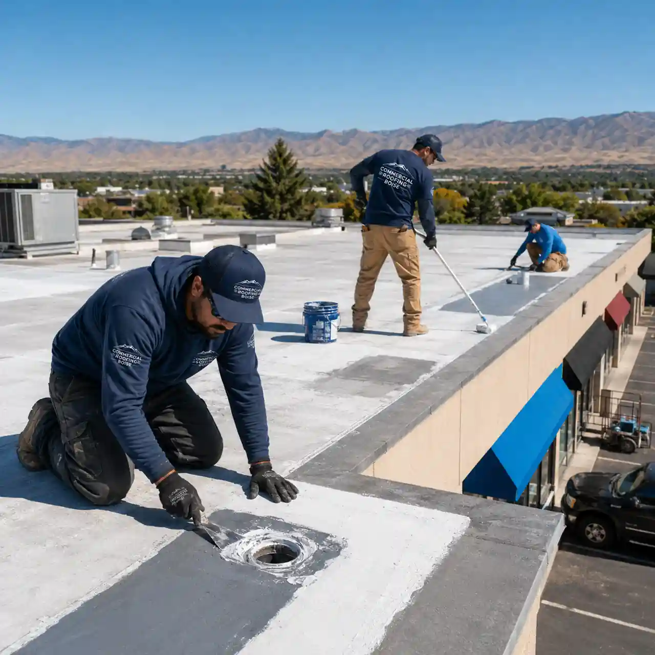 Commercial roof repair crew coating a retail strip mall roof in Boise
