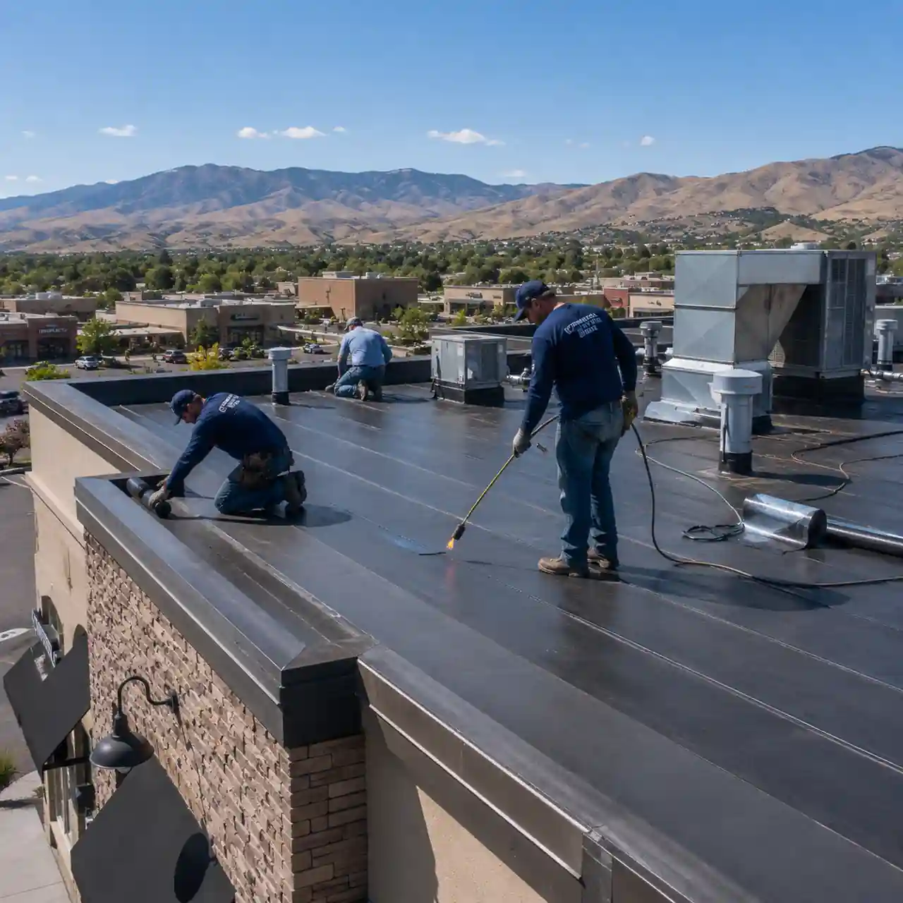 Commercial roof replacement crew torch-welding membrane seams in Boise
