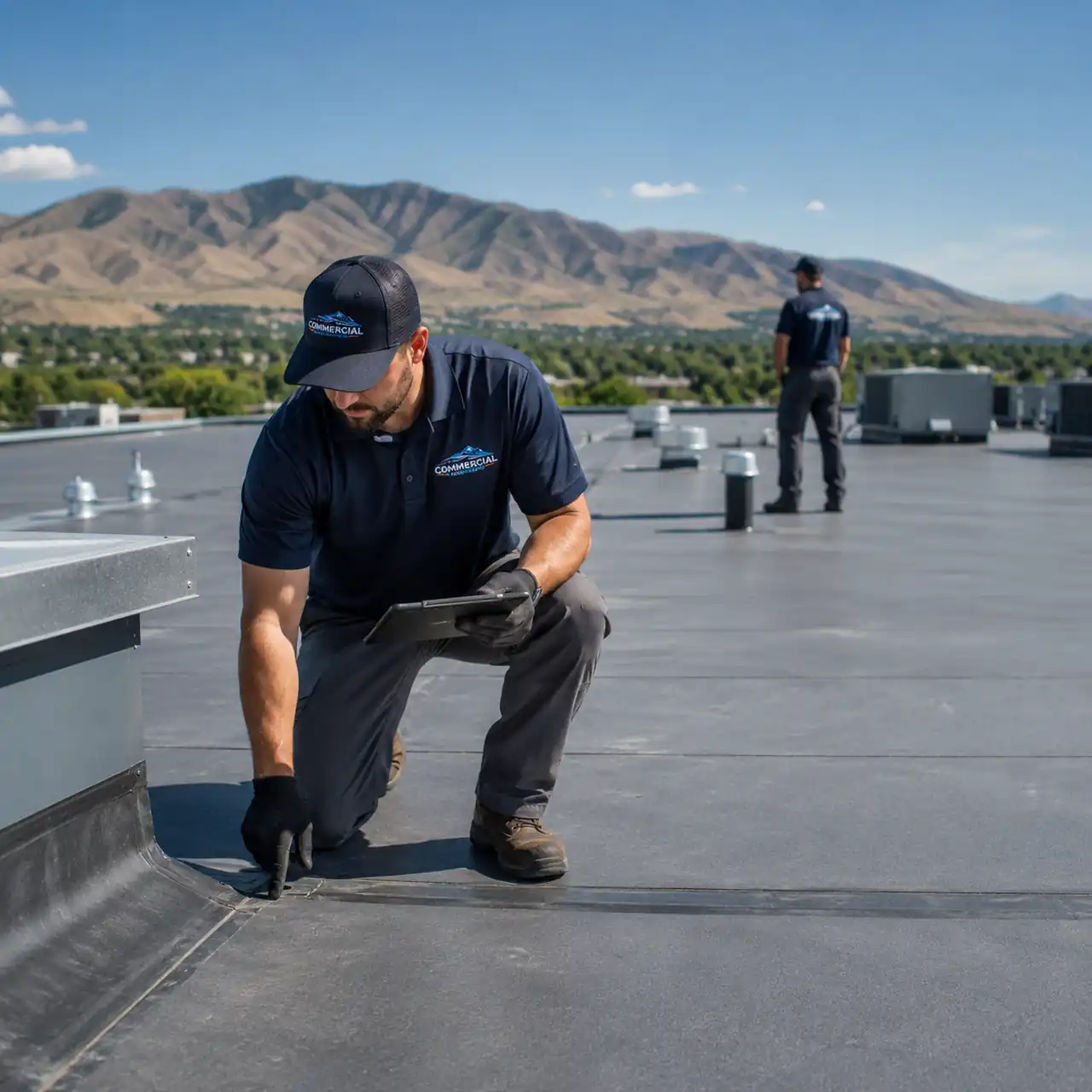 Commercial roof service Boise technician inspecting a rooftop with a tablet