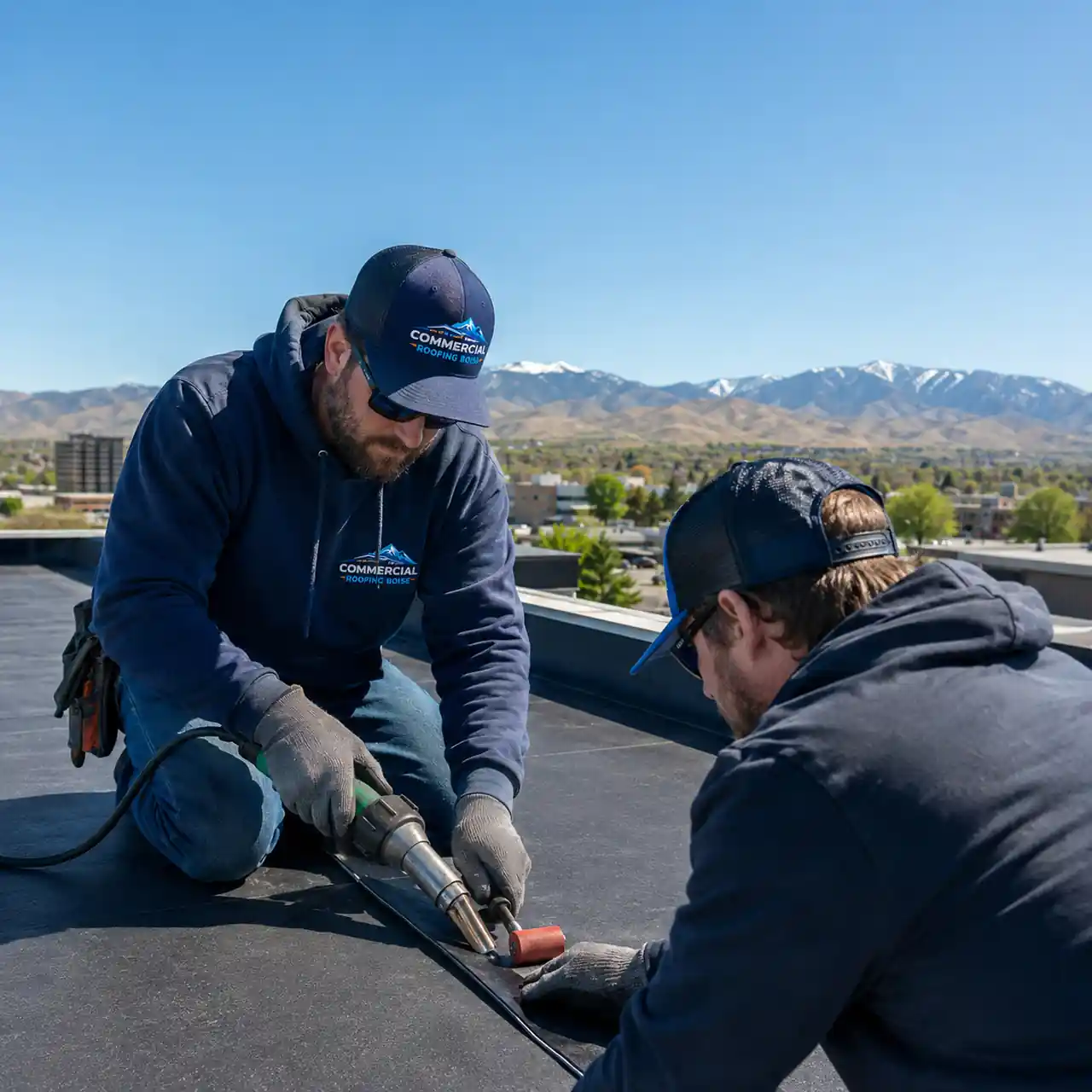 Commercial roofing Boise crew welding TPO membrane seams on a rooftop