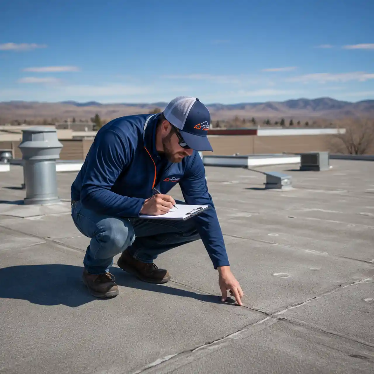 Commercial roof inspector documenting a crack on a Boise rooftop with a clipboard