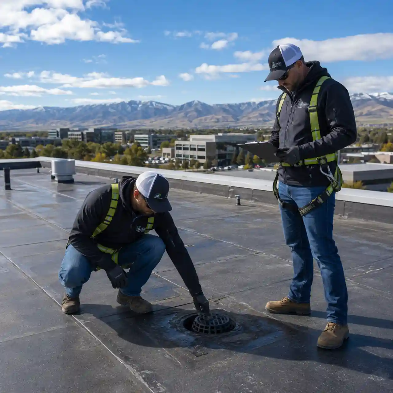 Commercial roof inspectors examining a roof drain with city skyline views in Boise
