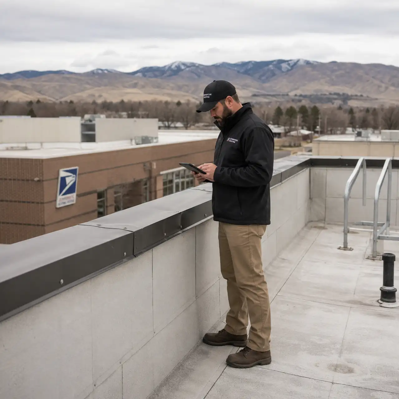 Commercial roof inspector reviewing tablet documentation at a United States Post Office building in Boise